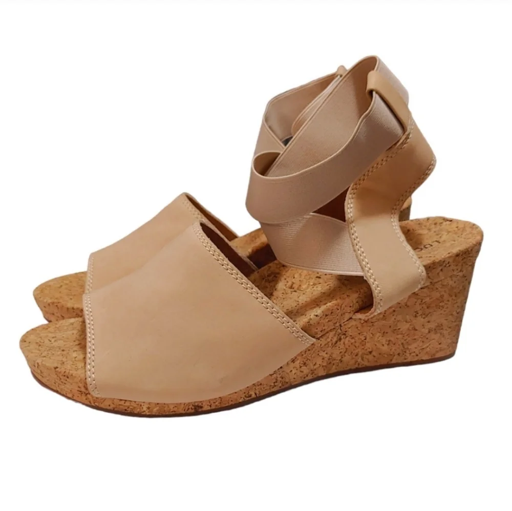 Lucky Brand Kyla Tan Beige Ankle Strap Wedge Sandals Heels Women's Size 10